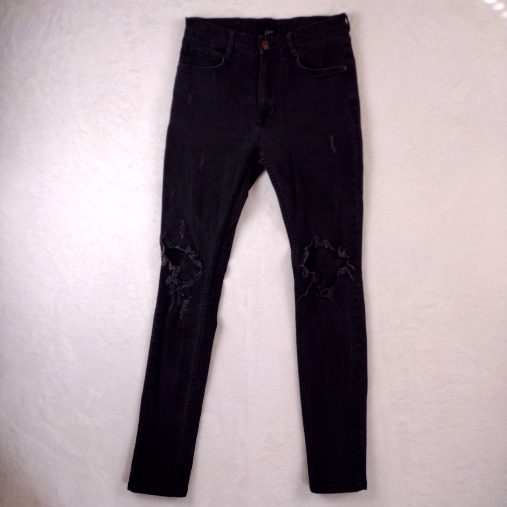 Mens Black Distressed Skinny Jeans Size 32 Ripped Knee Faded Denim